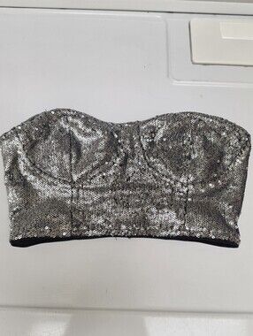 ✨️ Forever 21 Silver Sequin Bustier Zipper Top Juniors S Womens XS